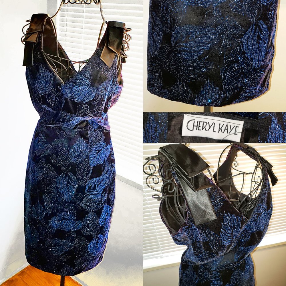 Vintage 90s Sparkley Midnight Blue Hourglass, Holiday Dress Bows S